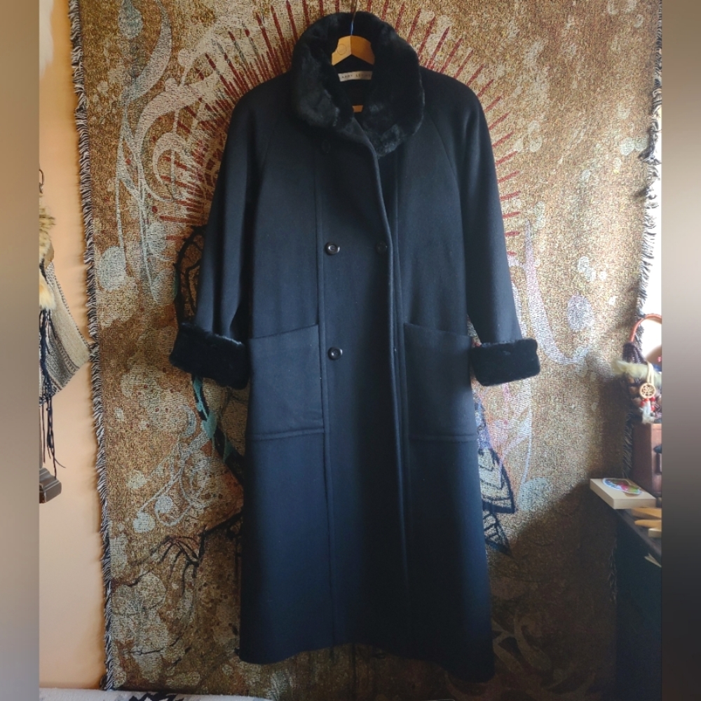 VTG Larry Levine long virgin wool coat with faux fur trim